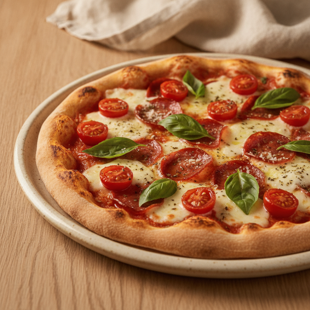 A perfectly baked thin crust pizza, generously topped, presented on a minimalist ceramic plate in a bright studio setting, with clean, even lighting emphasizing its golden-brown crust and vibrant ingr