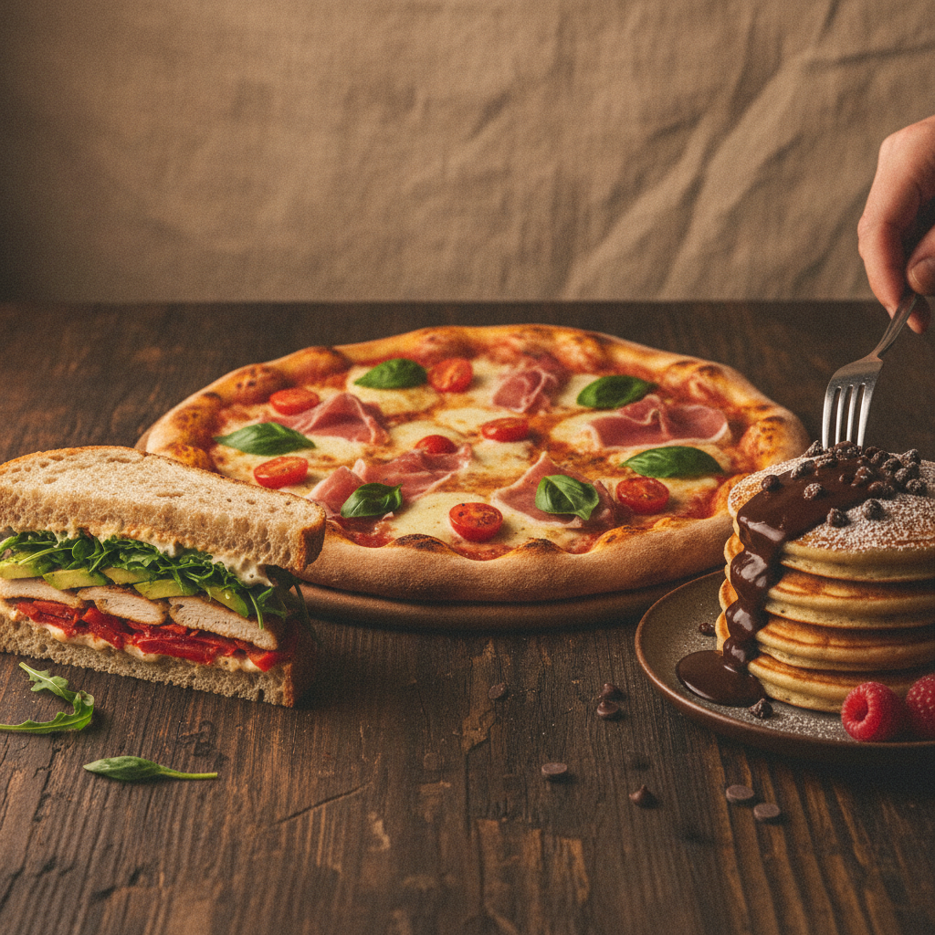 A thin crust pizza, a gourmet sandwich cut in half, and a sweet pancake with chocolate, arranged invitingly on a rustic wooden table in a dimly lit, cozy restaurant setting, with soft, warm ambient li