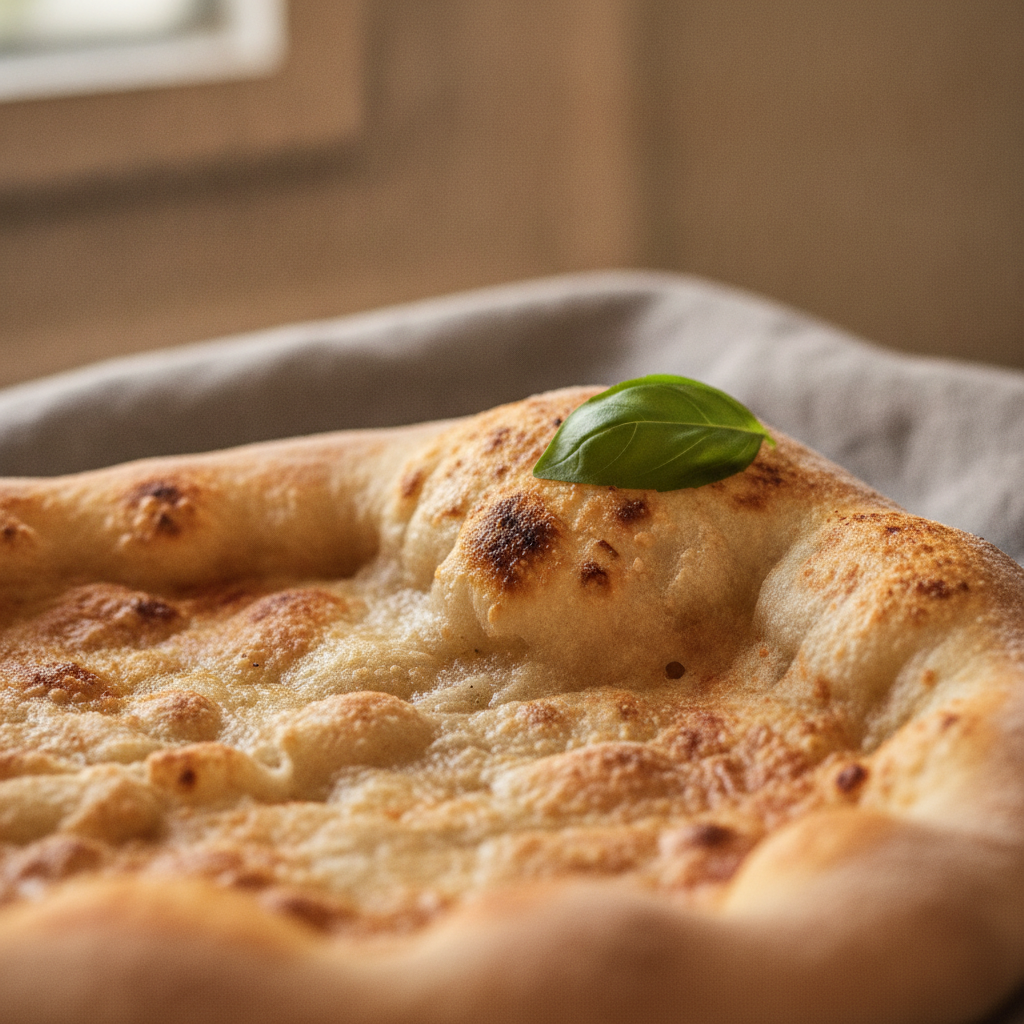 An extreme macro shot of the irregular, bubbly edge of a thin crust pizza, showing the crispy texture and a fresh basil leaf, illuminated by soft, natural light to highlight the intricate details.