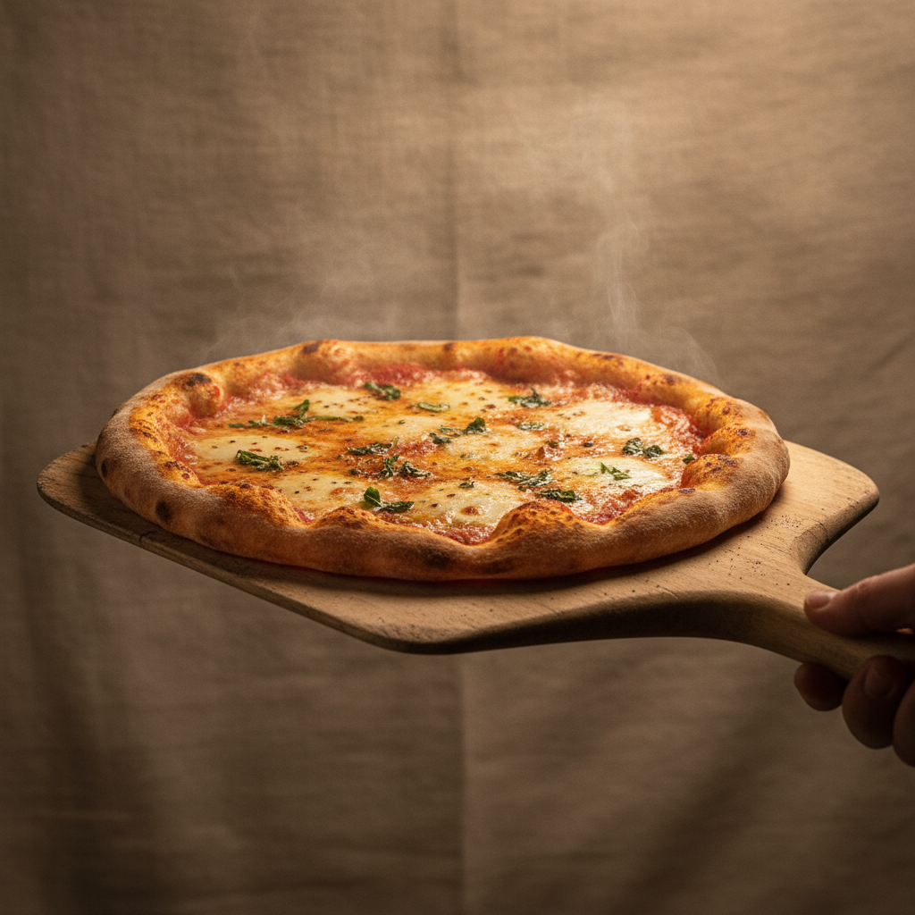 A thin crust pizza with irregular edges on a pizza peel, emerging from a hot brick oven, the cheese still bubbling and molten, captured with warm, inviting studio lighting and a shallow depth of field