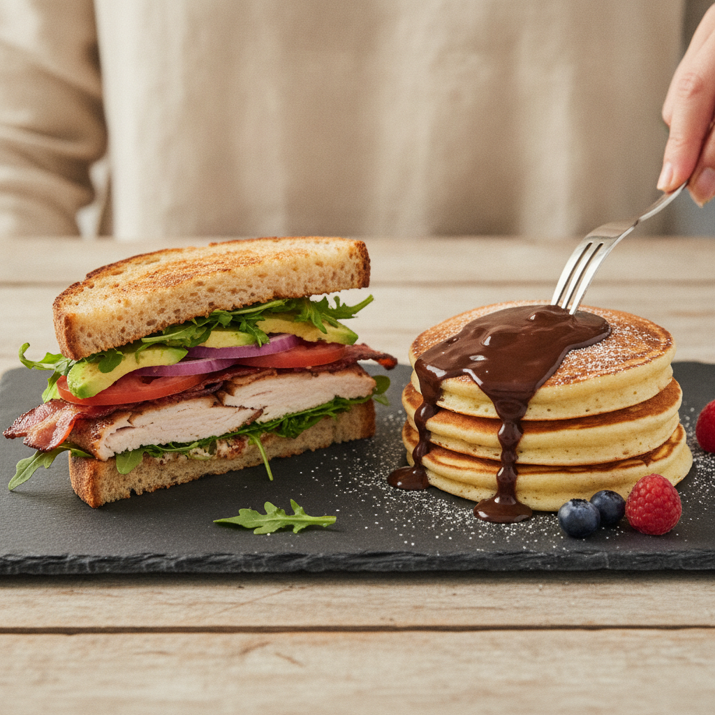 A gourmet sandwich, sliced diagonally to reveal its fresh ingredients, alongside a decadent sweet pancake drizzled with chocolate sauce, artfully arranged on a dark slate board, lit with dramatic, foc